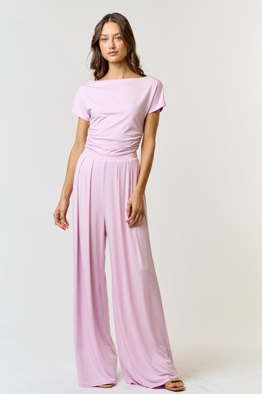 Adele Boat Neck Ruched Top and Wide Leg Pants Set